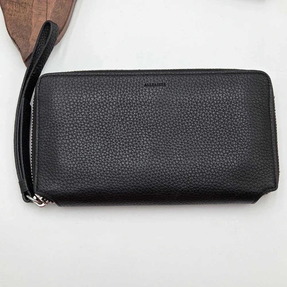 AllSaints Zip Around Pebbled Leather Wristlet Wallet Black 8